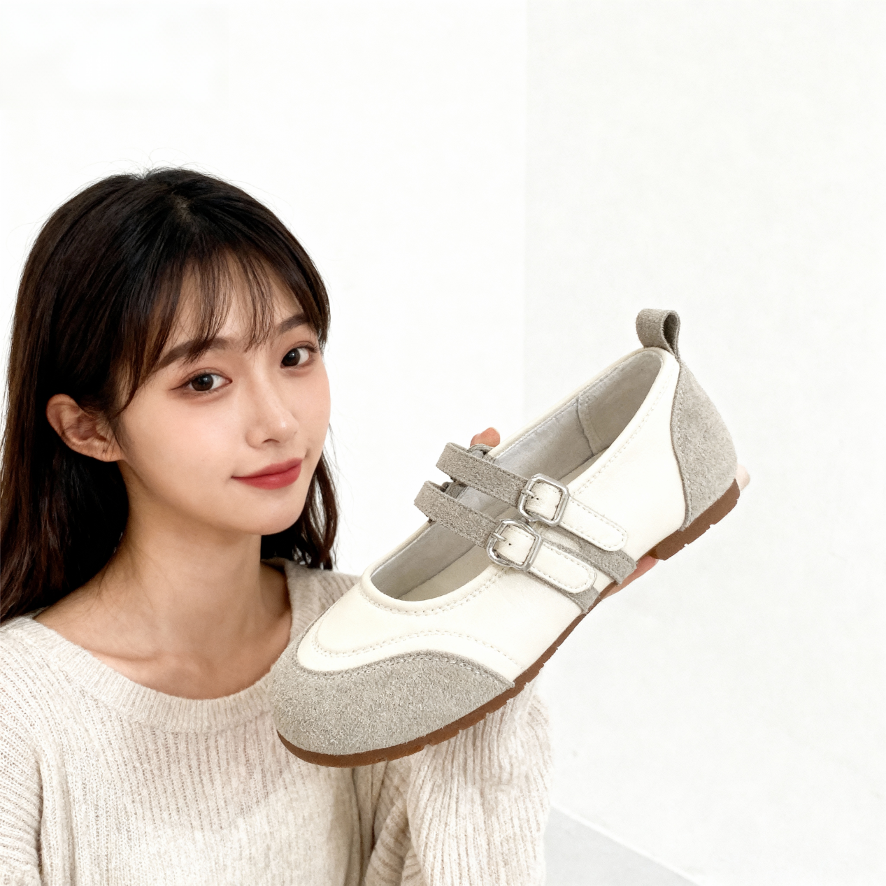 POPIONEERのダブルストラップシューズを手にする女性